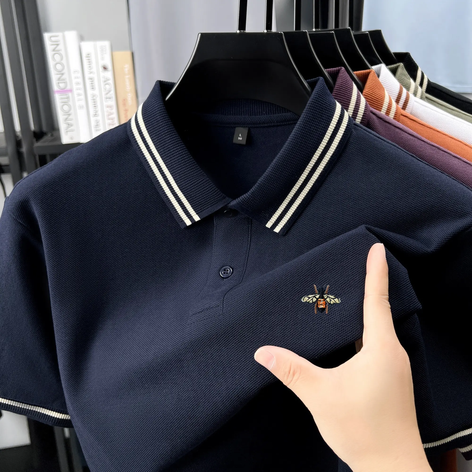 High end brand 100% cotton men's short sleeve polo shirt exquisite bee embroidery summer fashionable double stripe lapel T-shirt