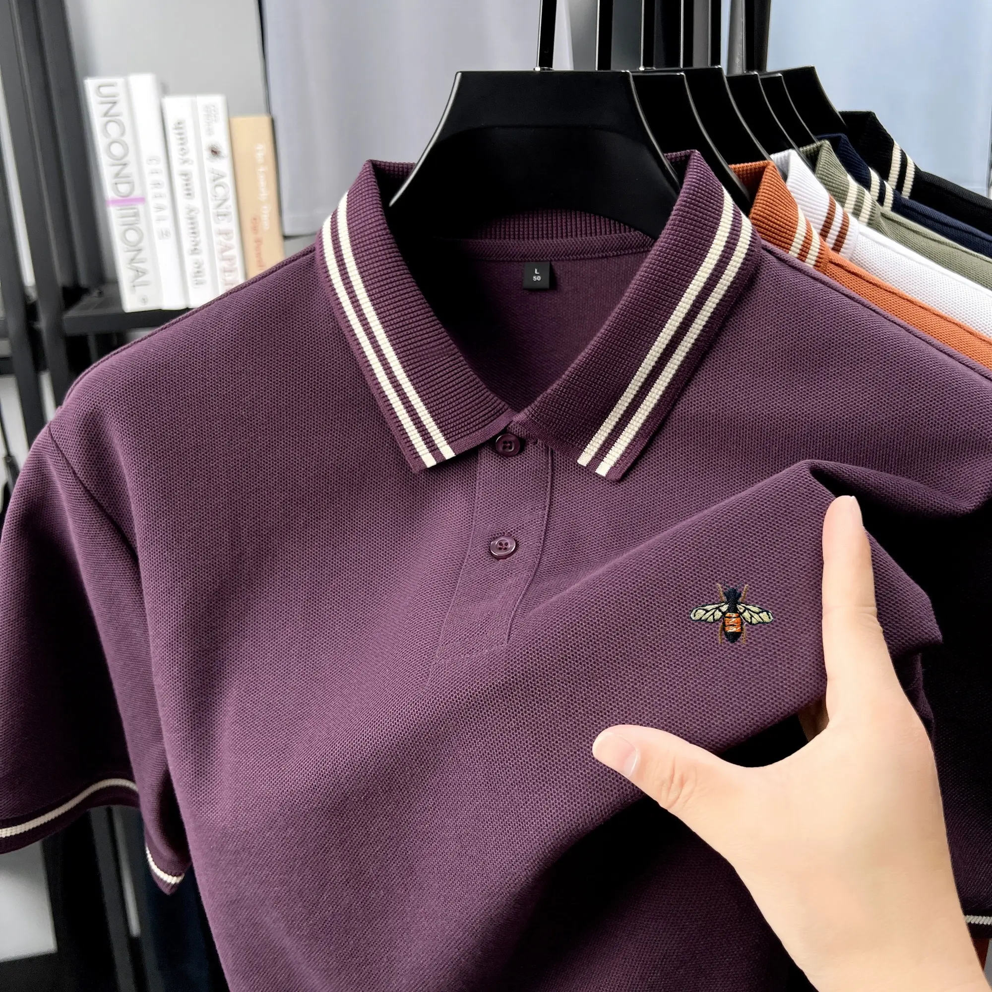 High end brand 100% cotton men's short sleeve polo shirt exquisite bee embroidery summer fashionable double stripe lapel T-shirt