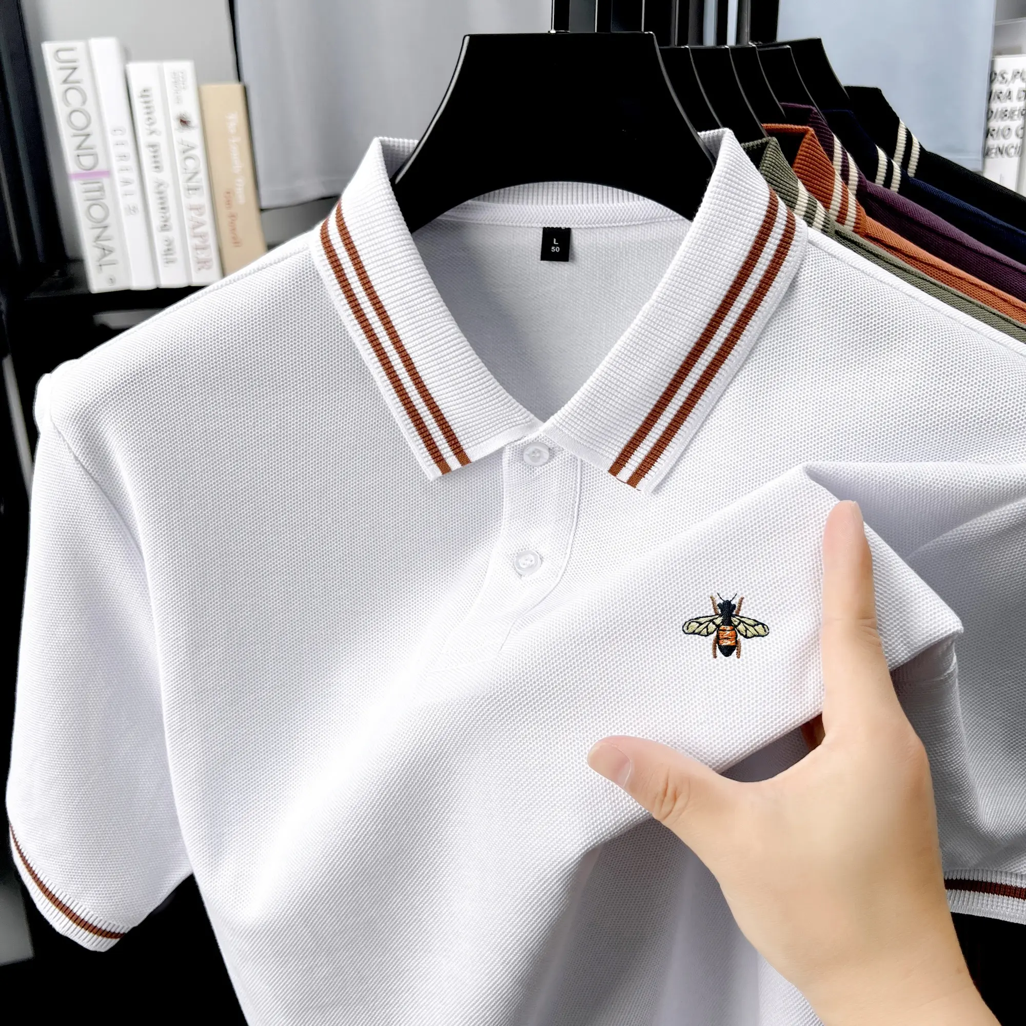 High end brand 100% cotton men's short sleeve polo shirt exquisite bee embroidery summer fashionable double stripe lapel T-shirt