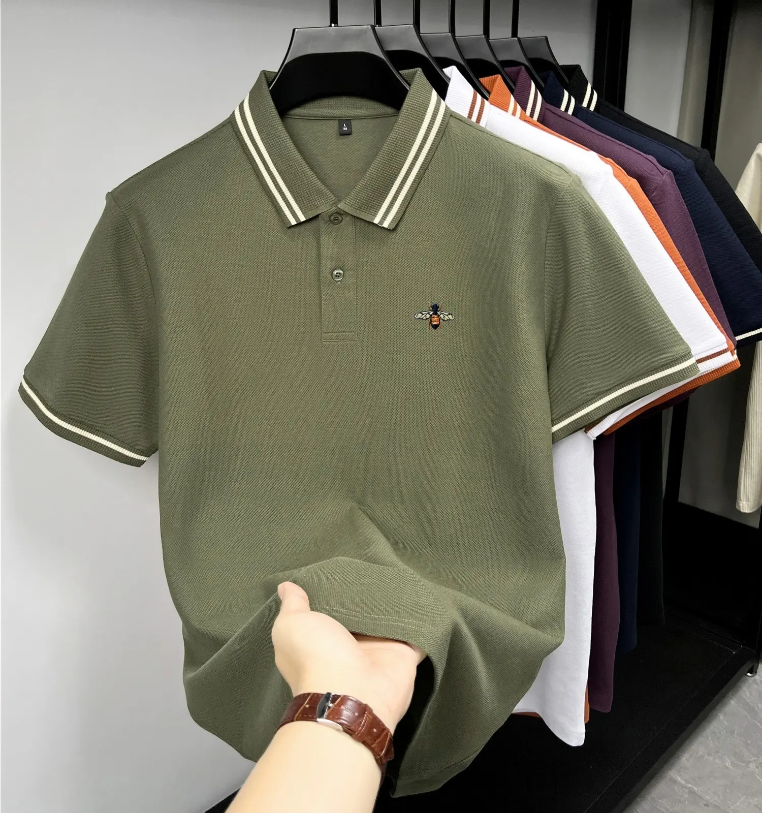 High end brand 100% cotton men's short sleeve polo shirt exquisite bee embroidery summer fashionable double stripe lapel T-shirt