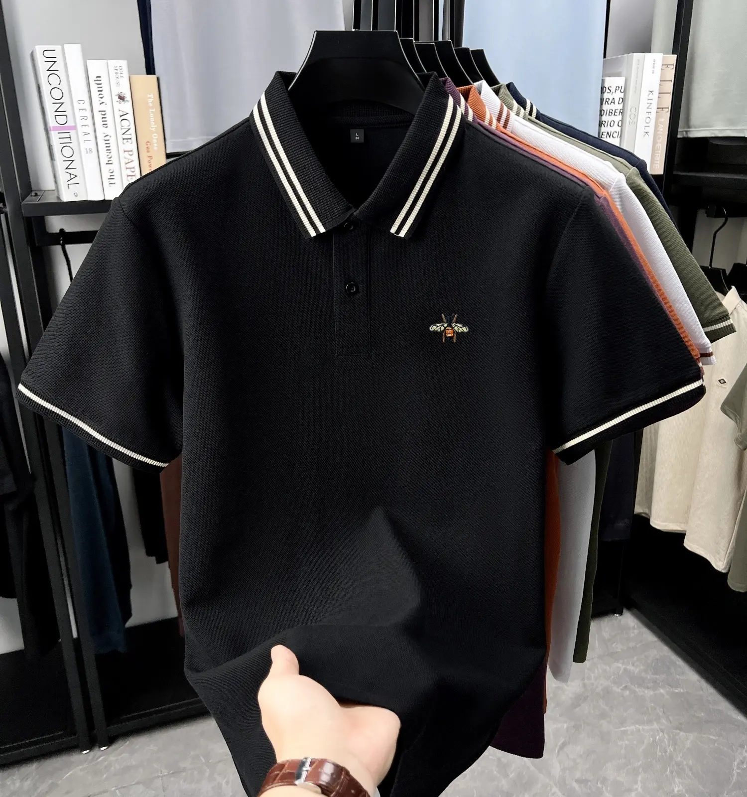 High end brand 100% cotton men's short sleeve polo shirt exquisite bee embroidery summer fashionable double stripe lapel T-shirt