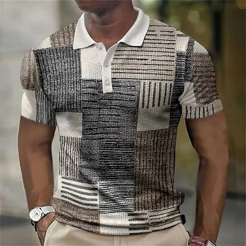 Vintage Splicing Striped Plaid 3D Printed Polo Shirts For Men Clothes Fashion Women Streetwear Block Graphic POLO Shirt Boy Tops