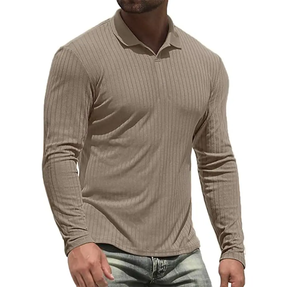 Cotton Men's Long Sleeve T-Shirts Men Polo Shirts High Quality Slim V-neck Striped Shirt Male Top Tees Male