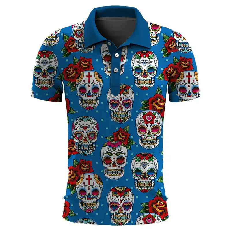 Funny Skull 3D Print Short Sleeve Polo Shirts For Men Clothes Casual Mexico Lucky Skeleton Graphic Lapel POLO _Shirt Button Tops