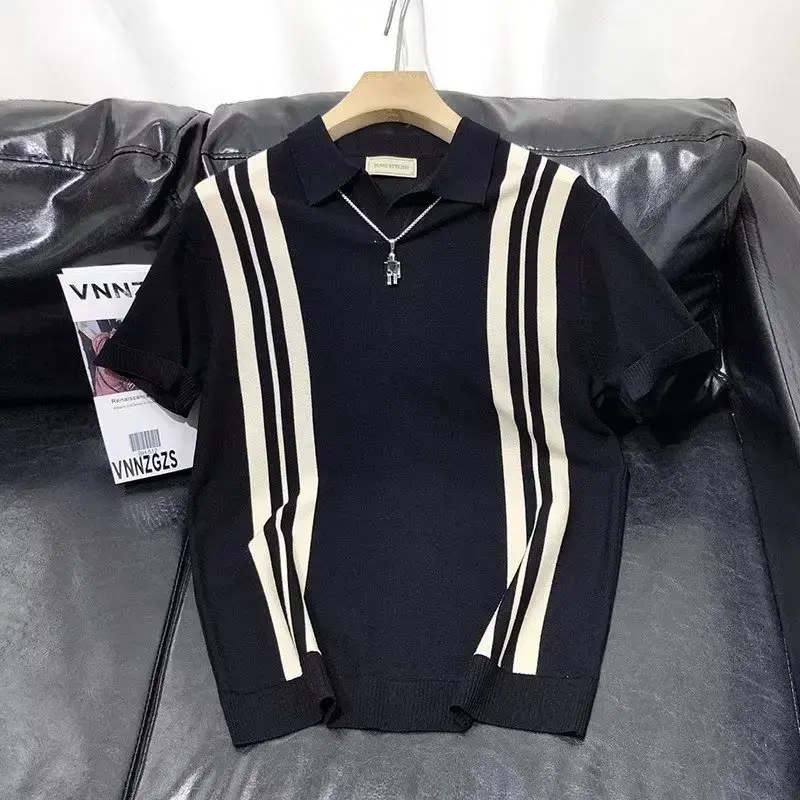 Trendy Striped Polo Shirt For Men Casual Loose Fit Short Sleeves Summer Japanese Style 2023 New Arrival Youth Fashion