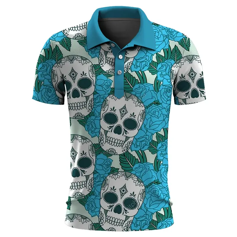 Funny Skull 3D Print Short Sleeve Polo Shirts For Men Clothes Casual Mexico Lucky Skeleton Graphic Lapel POLO _Shirt Button Tops