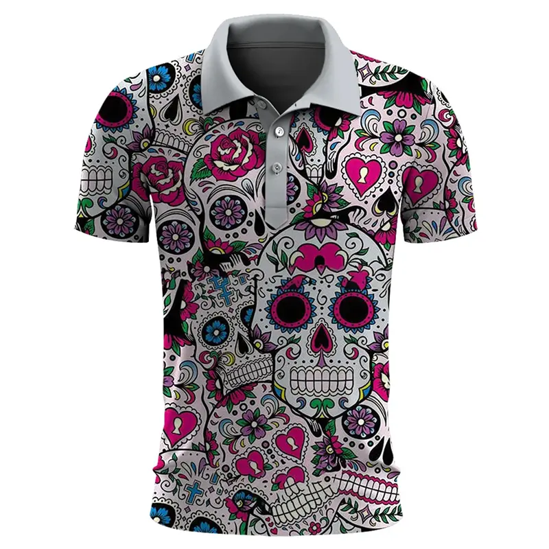 Funny Skull 3D Print Short Sleeve Polo Shirts For Men Clothes Casual Mexico Lucky Skeleton Graphic Lapel POLO _Shirt Button Tops