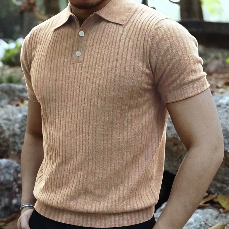 2024 Summer Knit Men's Polo Shirt Business Casual Striped Lapel Short Sleeve Henry Shirt T-shirt Comfortable Men's Clothing