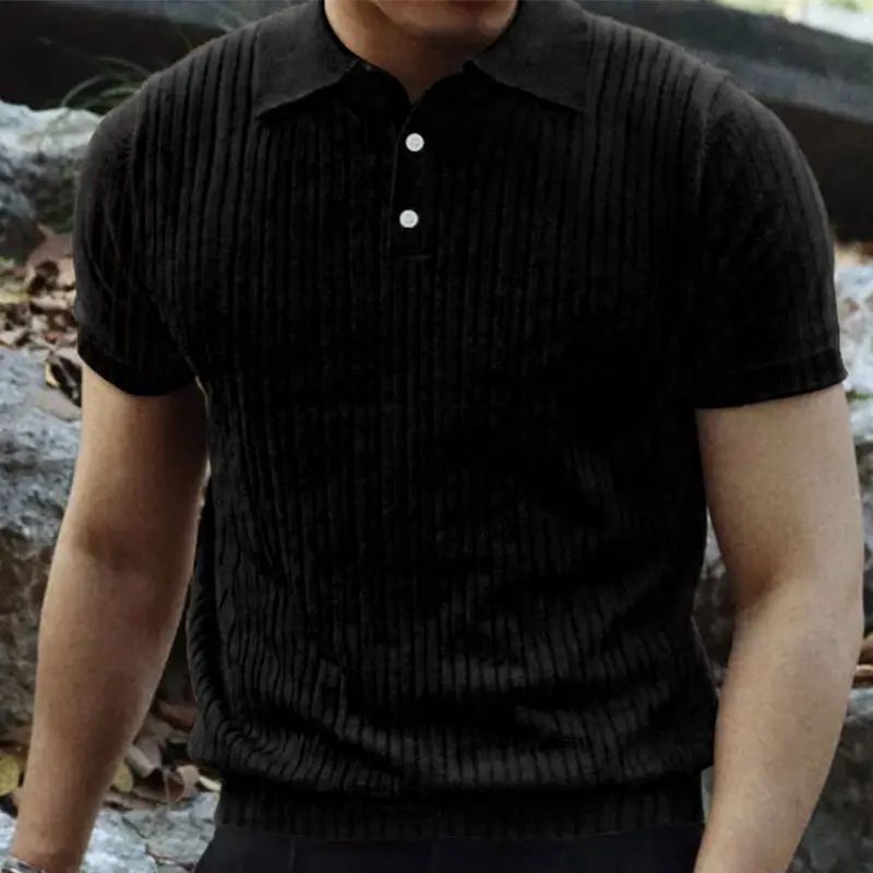 2024 Summer Knit Men's Polo Shirt Business Casual Striped Lapel Short Sleeve Henry Shirt T-shirt Comfortable Men's Clothing