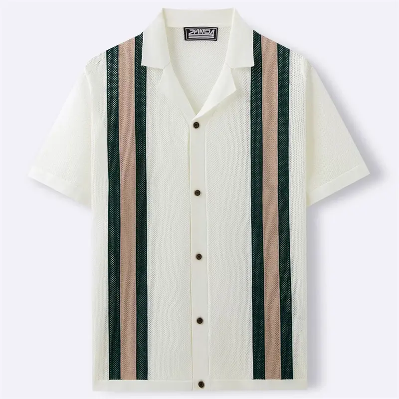 Mesh Breathable Striped Knitted Polo Shirts For Men Cuban Collar Summer High Quality Viscose Elastic Plus Size Camisas De Hombre