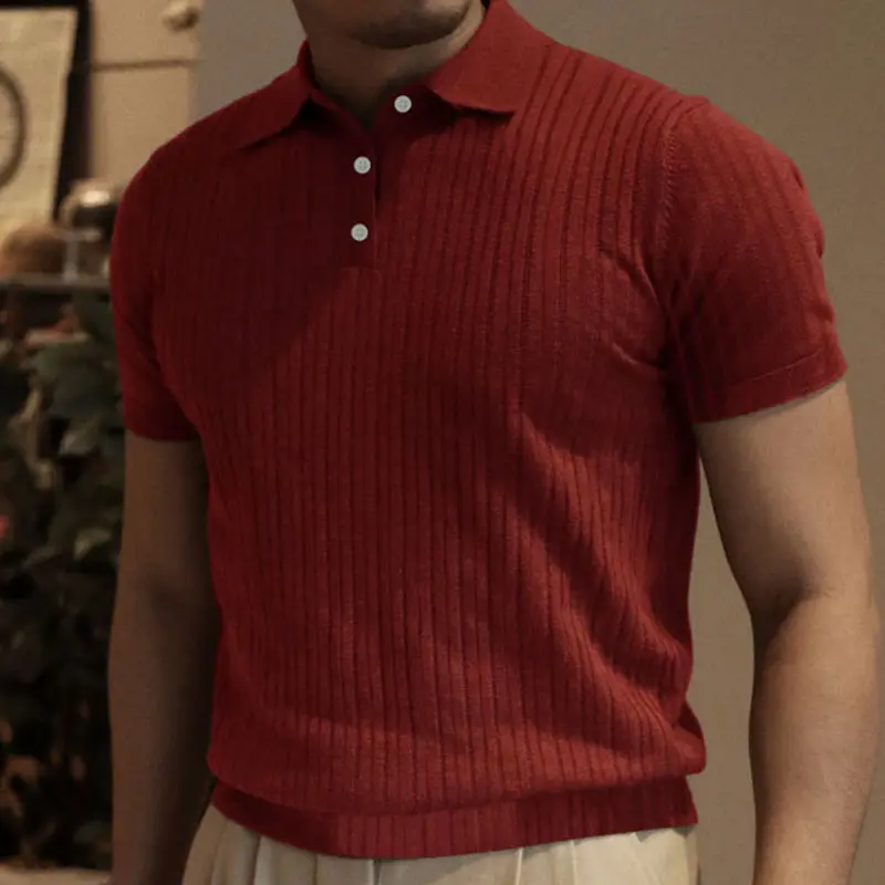 2024 Summer Knit Men's Polo Shirt Business Casual Striped Lapel Short Sleeve Henry Shirt T-shirt Comfortable Men's Clothing
