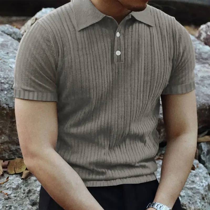 2024 Summer Knit Men's Polo Shirt Business Casual Striped Lapel Short Sleeve Henry Shirt T-shirt Comfortable Men's Clothing