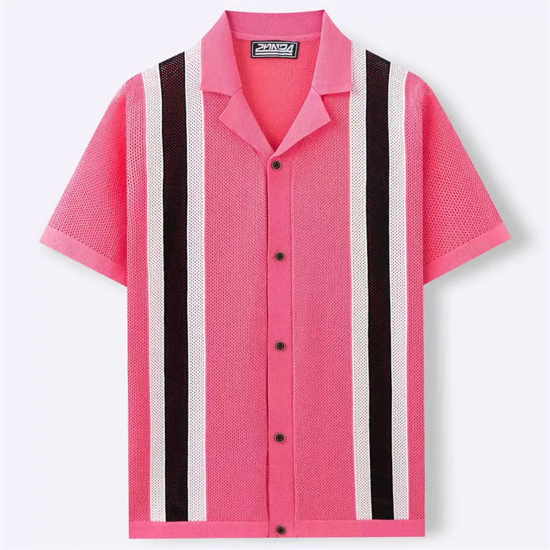 Mesh Breathable Striped Knitted Polo Shirts For Men Cuban Collar Summer High Quality Viscose Elastic Plus Size Camisas De Hombre