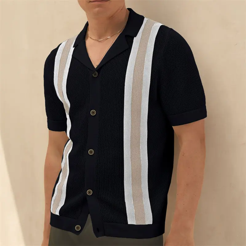 Mesh Breathable Striped Knitted Polo Shirts For Men Cuban Collar Summer High Quality Viscose Elastic Plus Size Camisas De Hombre
