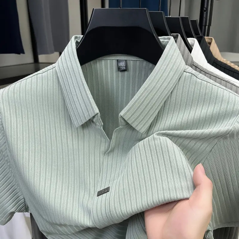 High quality personality texture stripe short sleeve polo shirt summer ice silk breathable buttonless men's solid color T-shirt