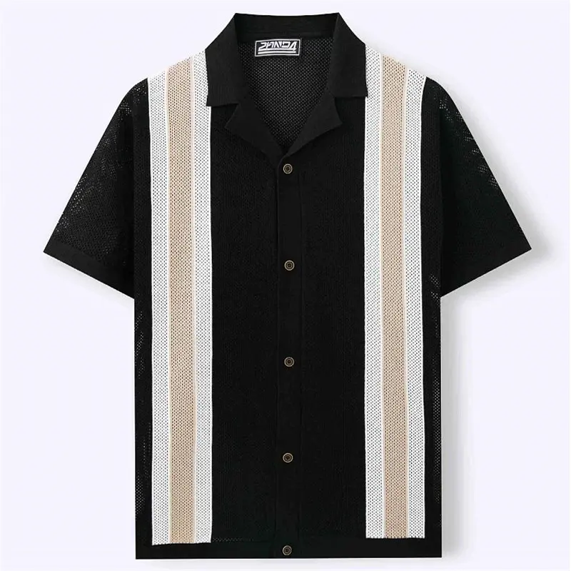 Mesh Breathable Striped Knitted Polo Shirts For Men Cuban Collar Summer High Quality Viscose Elastic Plus Size Camisas De Hombre