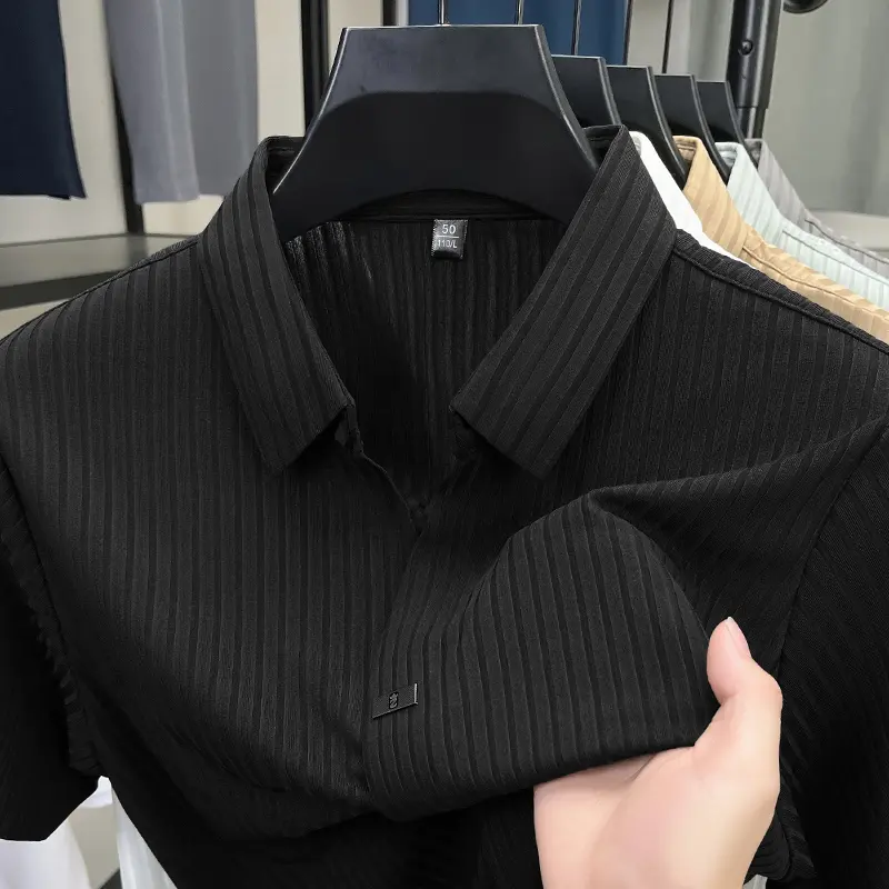 High quality personality texture stripe short sleeve polo shirt summer ice silk breathable buttonless men's solid color T-shirt