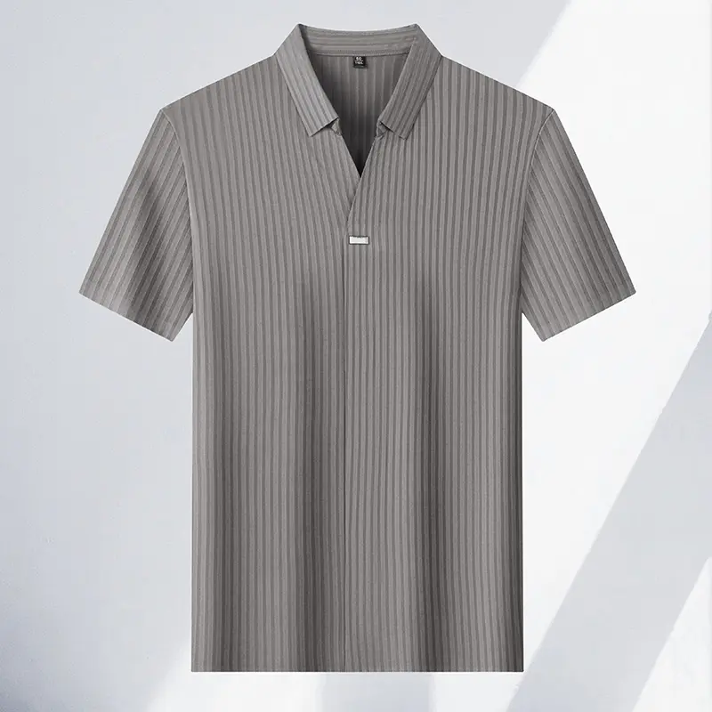 High quality personality texture stripe short sleeve polo shirt summer ice silk breathable buttonless men's solid color T-shirt