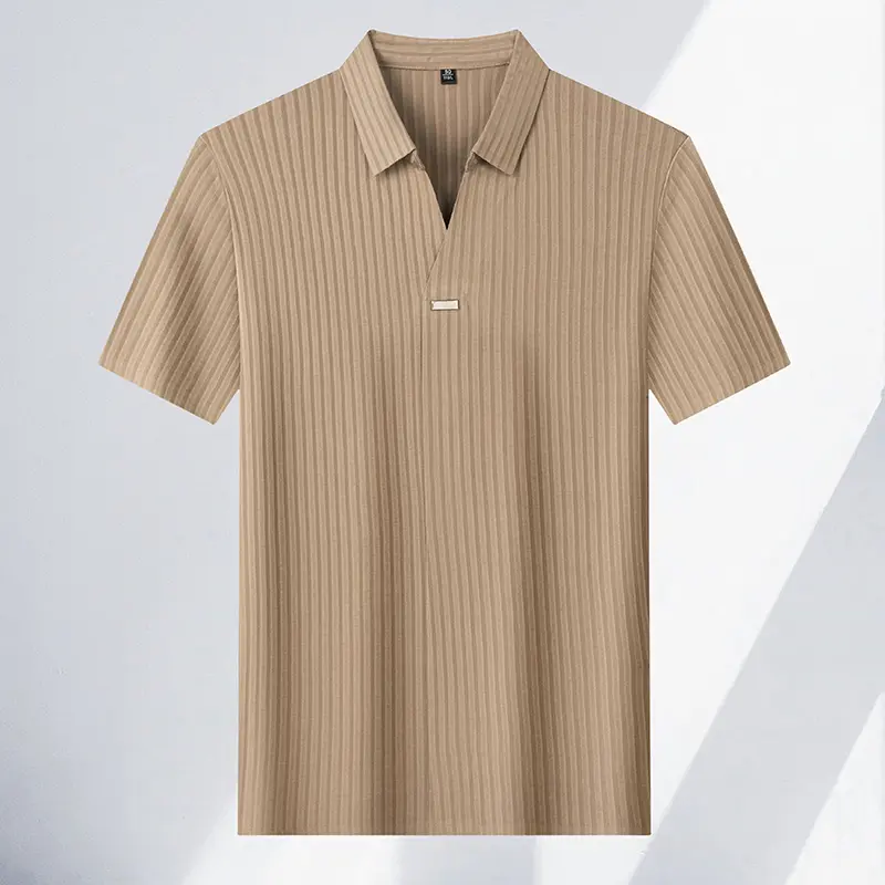 High quality personality texture stripe short sleeve polo shirt summer ice silk breathable buttonless men's solid color T-shirt