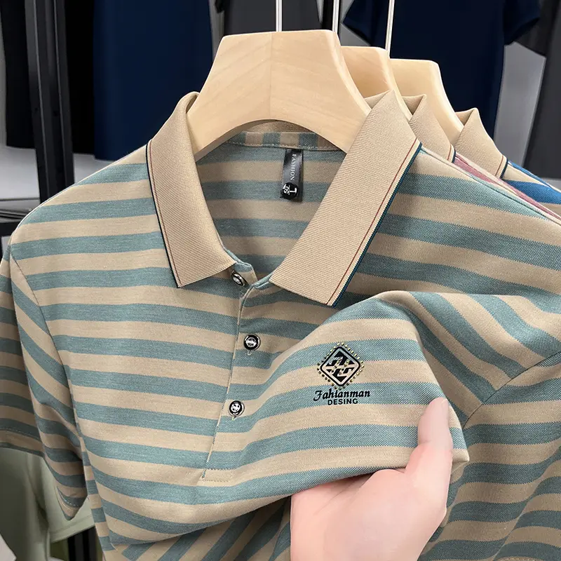 Light luxury men summer lapel short sleeve T-shirt new trendy brand polo shirt fashion stripe letters embossy casual men's wear