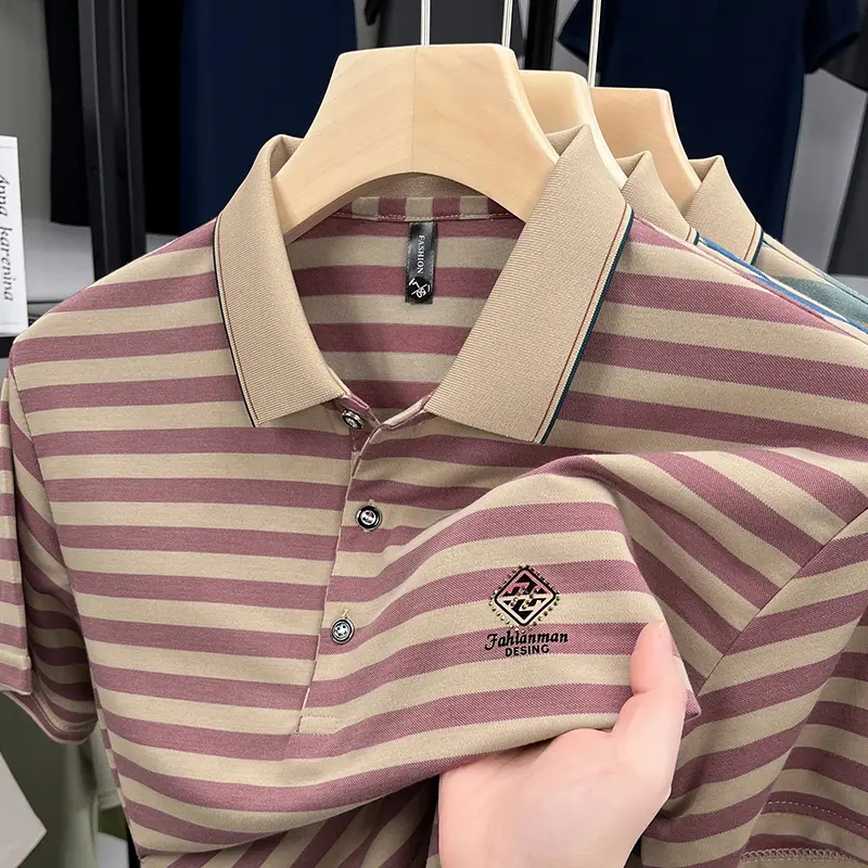 Light luxury men summer lapel short sleeve T-shirt new trendy brand polo shirt fashion stripe letters embossy casual men's wear