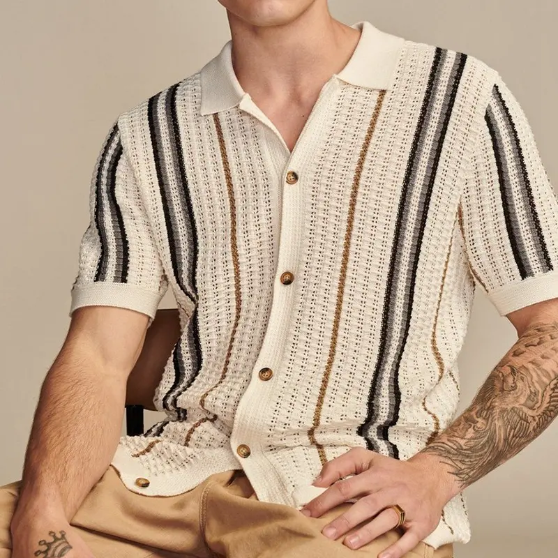 Men's Cardigan T-shirt Hollow Out Striped Knitted Polo Shirt Casual Button-down High Quality Fashion Streetwear Leisure Knitwear