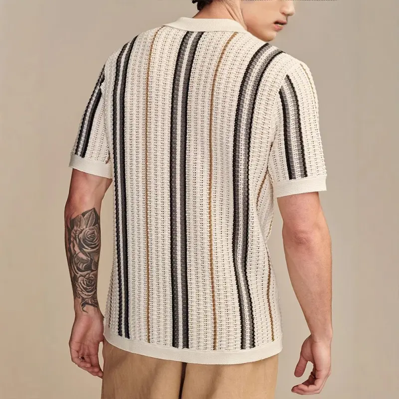 Men's Cardigan T-shirt Hollow Out Striped Knitted Polo Shirt Casual Button-down High Quality Fashion Streetwear Leisure Knitwear