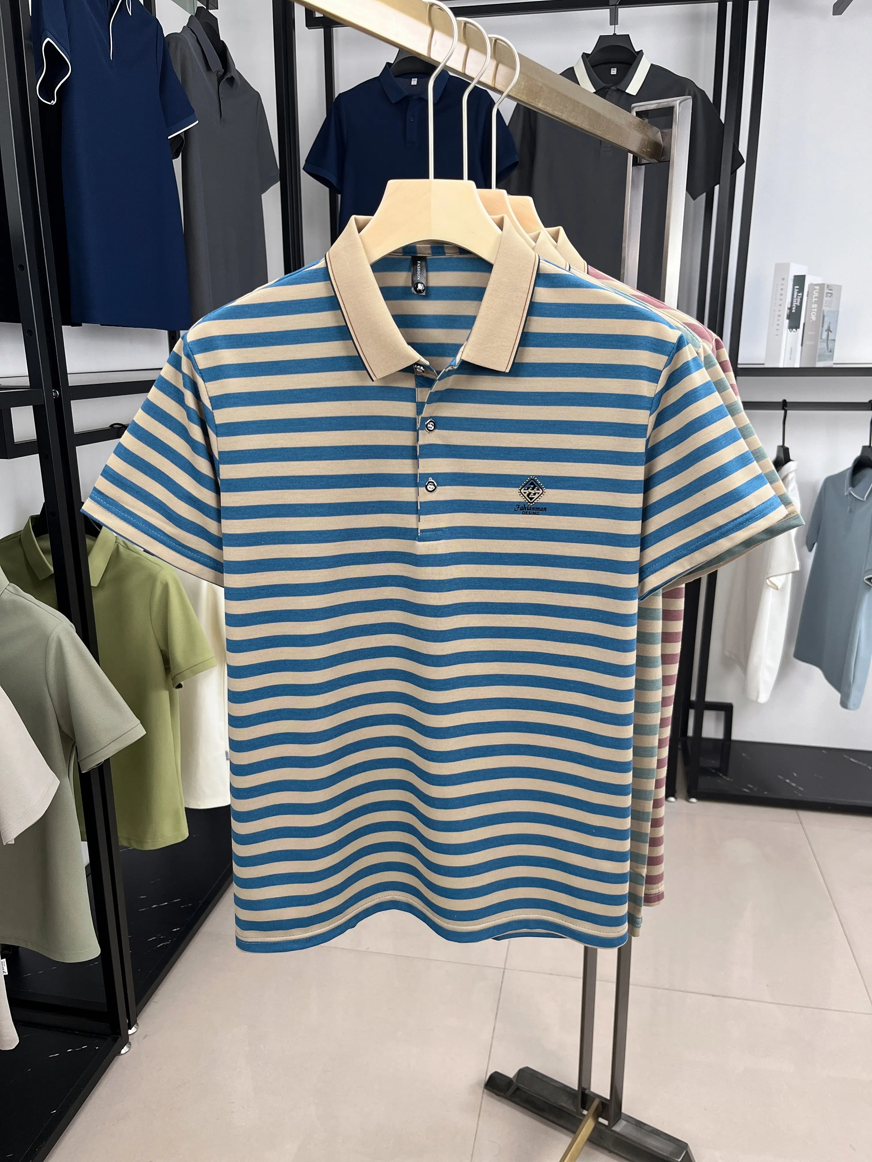Light luxury men summer lapel short sleeve T-shirt new trendy brand polo shirt fashion stripe letters embossy casual men's wear