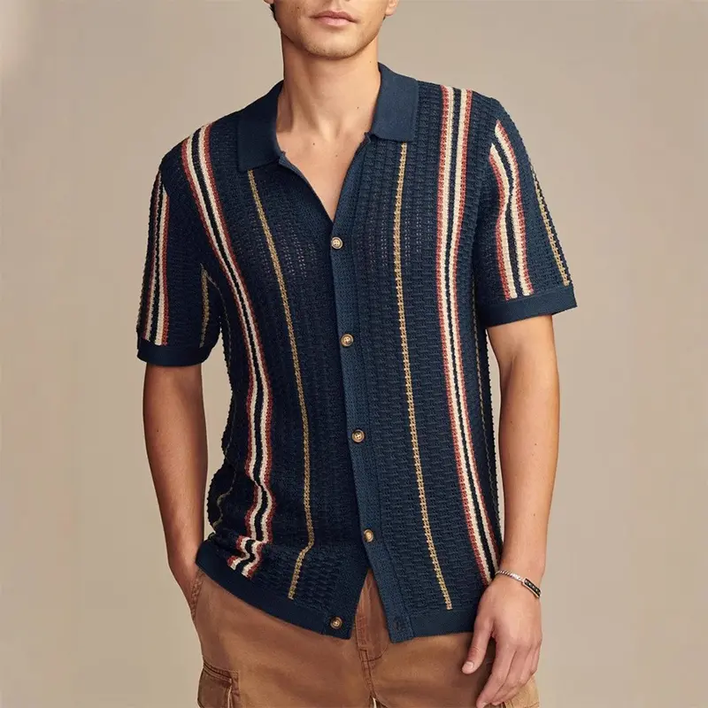 Men's Cardigan T-shirt Hollow Out Striped Knitted Polo Shirt Casual Button-down High Quality Fashion Streetwear Leisure Knitwear
