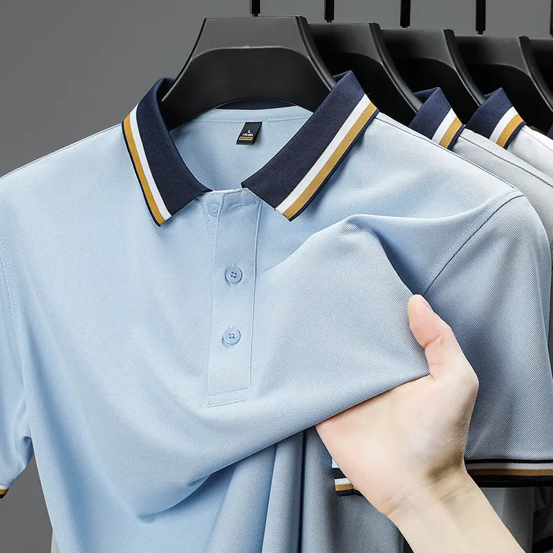 High quality luxury short sleeve polo shirt fashion stripe color blocked lapel T-shirt summer ice silk breathable men's clothing