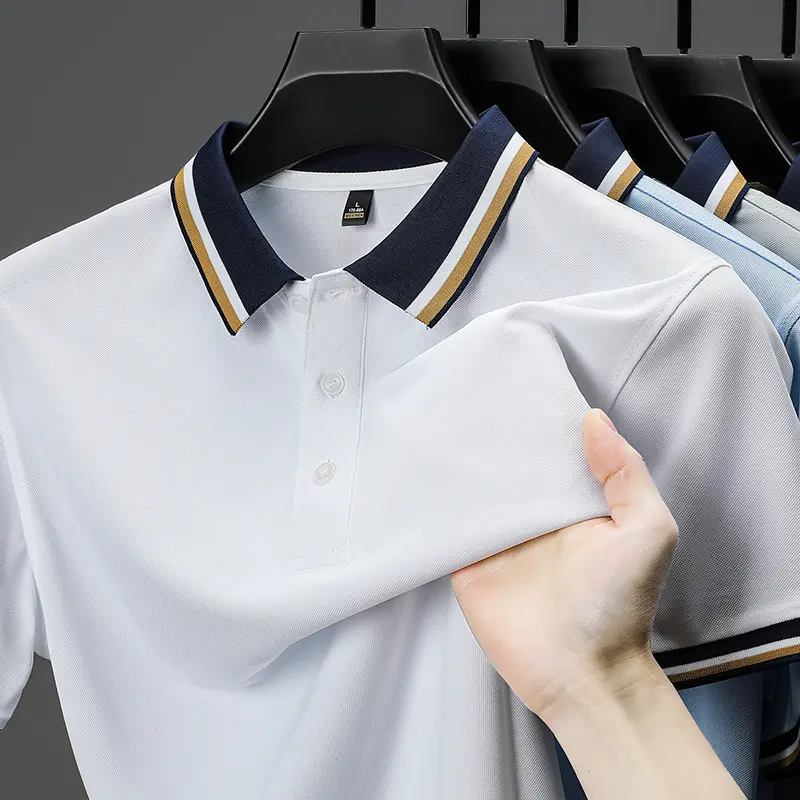 High quality luxury short sleeve polo shirt fashion stripe color blocked lapel T-shirt summer ice silk breathable men's clothing