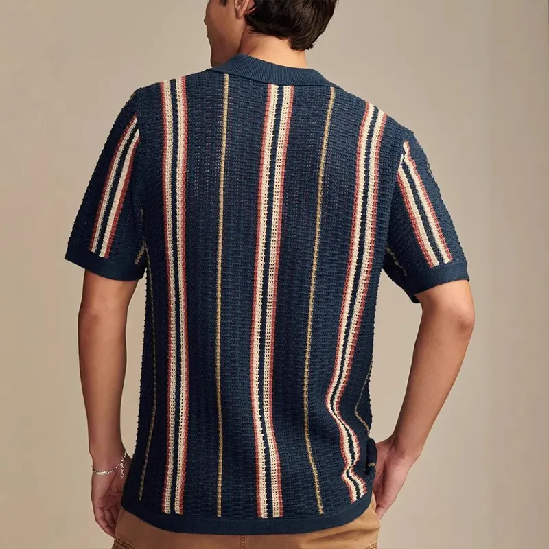 Men's Cardigan T-shirt Hollow Out Striped Knitted Polo Shirt Casual Button-down High Quality Fashion Streetwear Leisure Knitwear