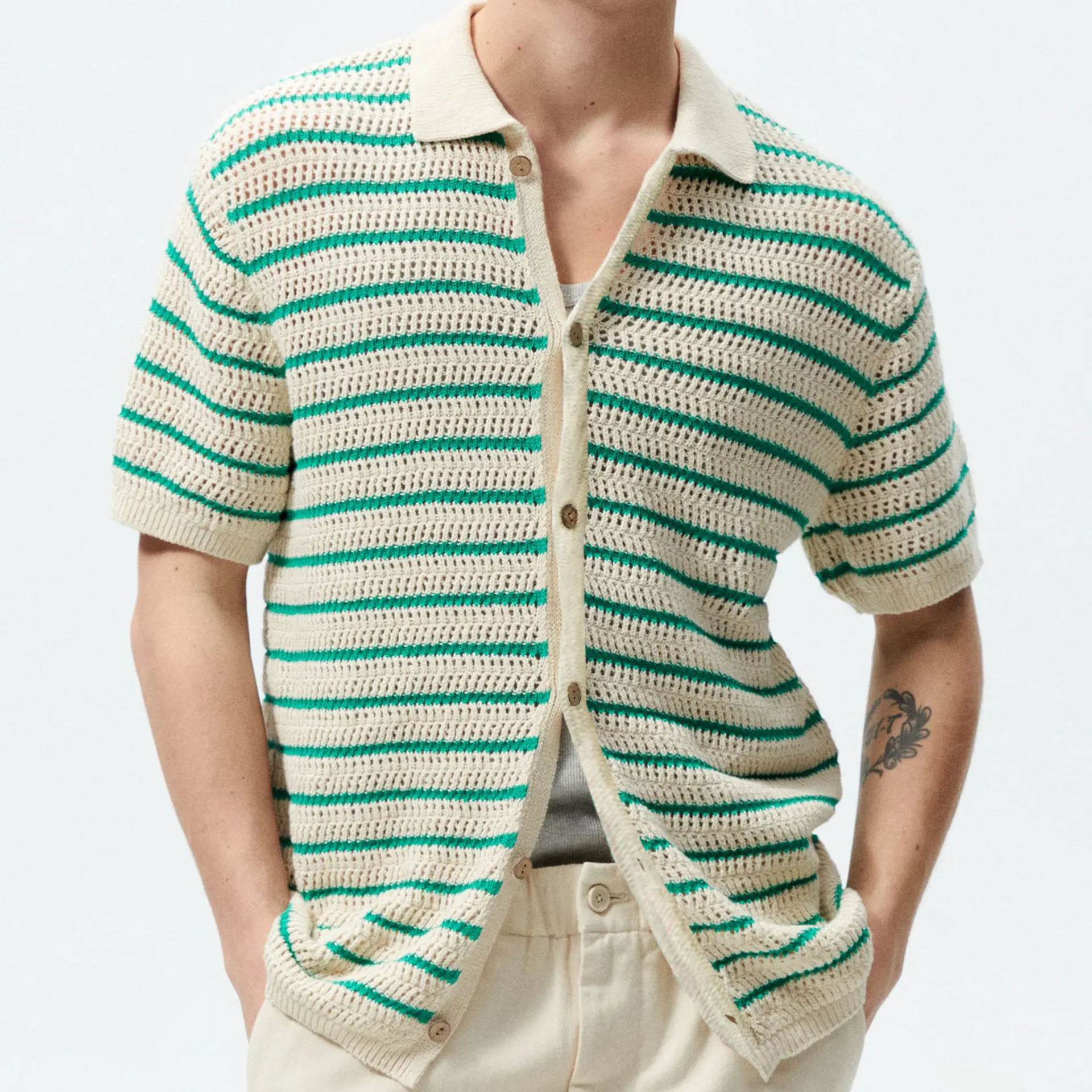 Men Luxury Hollow Knitwear Polo Shirt Short Sleeve Casual Streetwear Button Down Breathable Striped Contrast Knit Cardigan Tops