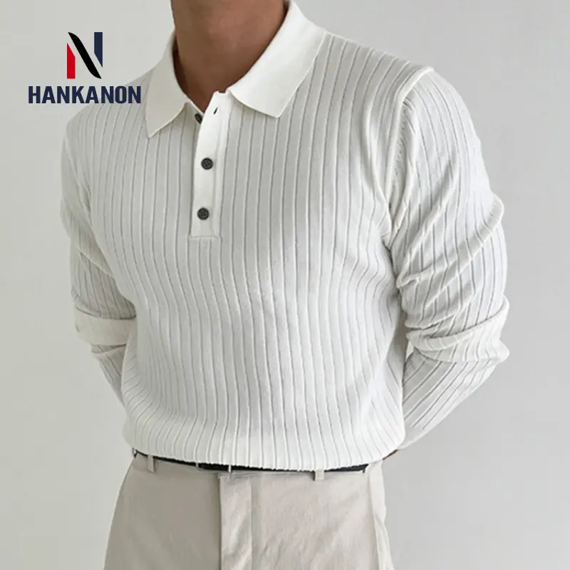 Striped Polo Shirt for Business and Casual Occasionsmen Breathable  Stretchy Slim  Knitted Pullover, Long-sleeve Sweater
