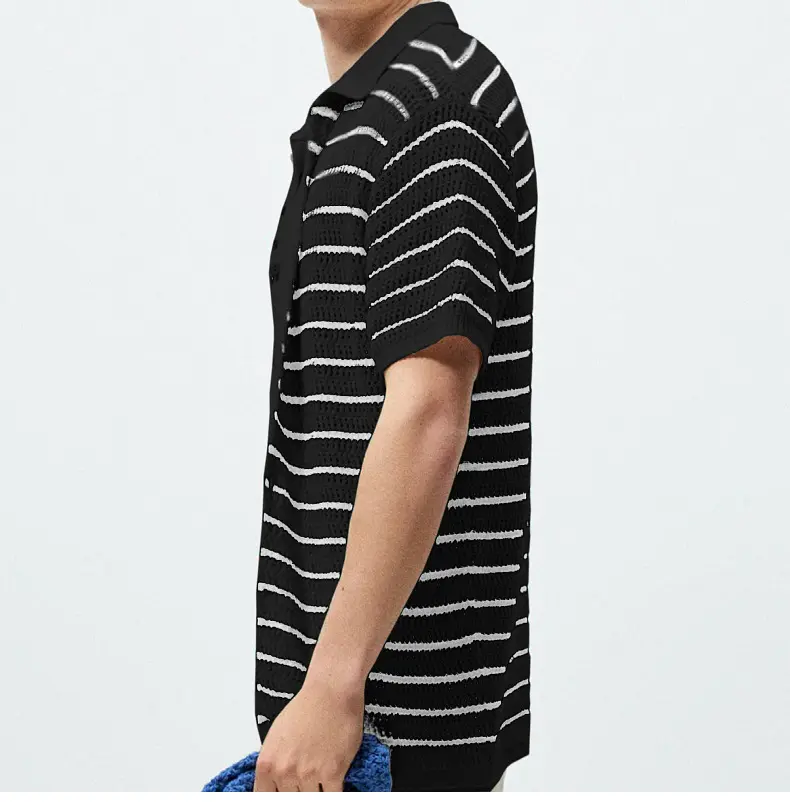Men Luxury Hollow Knitwear Polo Shirt Short Sleeve Casual Streetwear Button Down Breathable Striped Contrast Knit Cardigan Tops