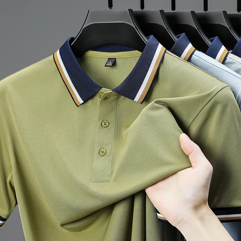 High quality luxury short sleeve polo shirt fashion stripe color blocked lapel T-shirt summer ice silk breathable men's clothing