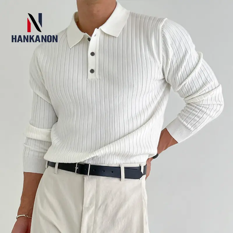 Striped Polo Shirt for Business and Casual Occasionsmen Breathable  Stretchy Slim  Knitted Pullover, Long-sleeve Sweater