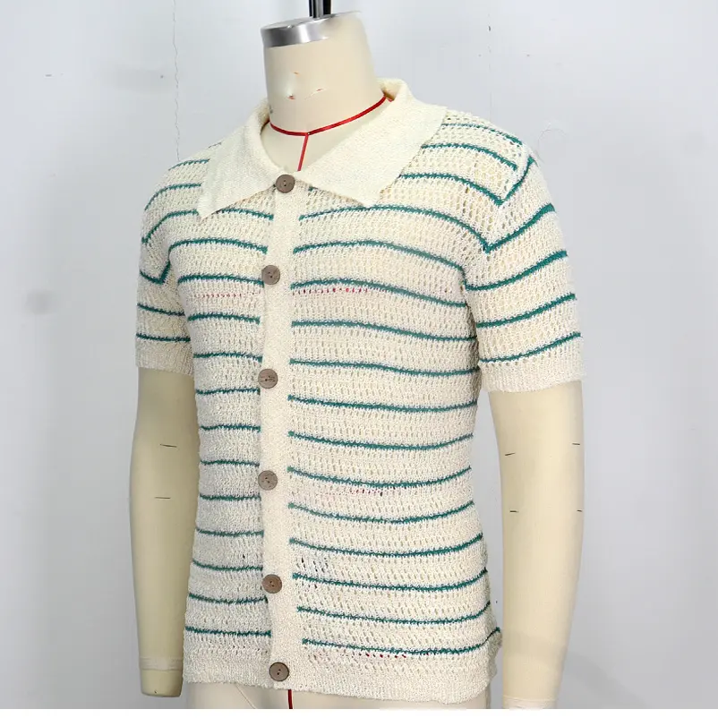 Men Luxury Hollow Knitwear Polo Shirt Short Sleeve Casual Streetwear Button Down Breathable Striped Contrast Knit Cardigan Tops