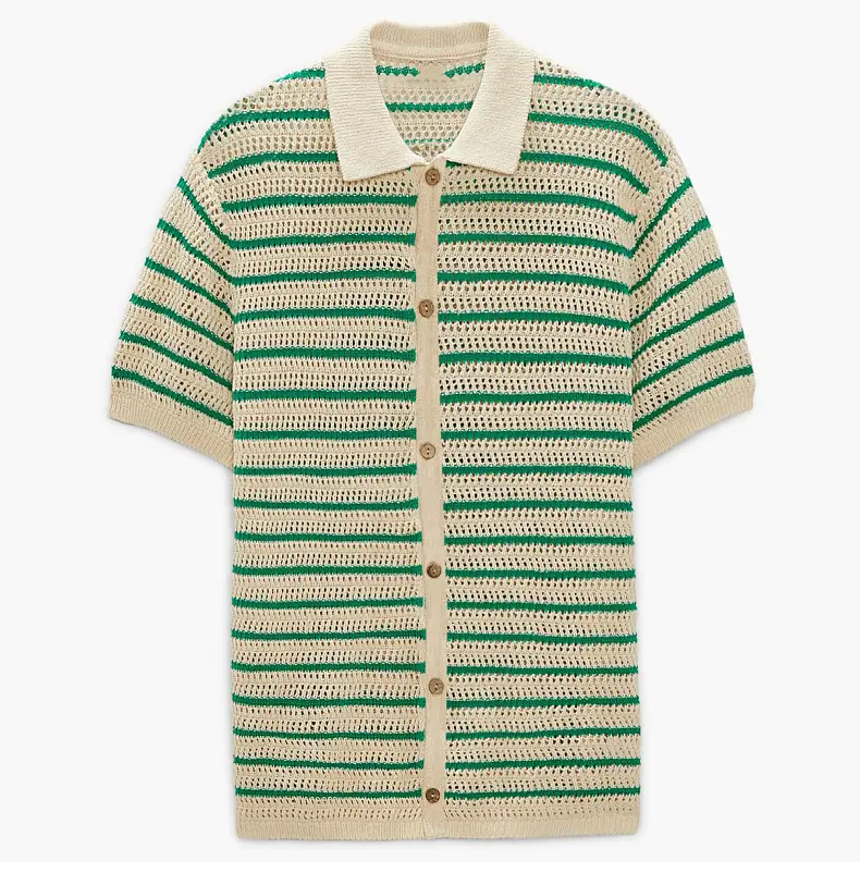 Men Luxury Hollow Knitwear Polo Shirt Short Sleeve Casual Streetwear Button Down Breathable Striped Contrast Knit Cardigan Tops