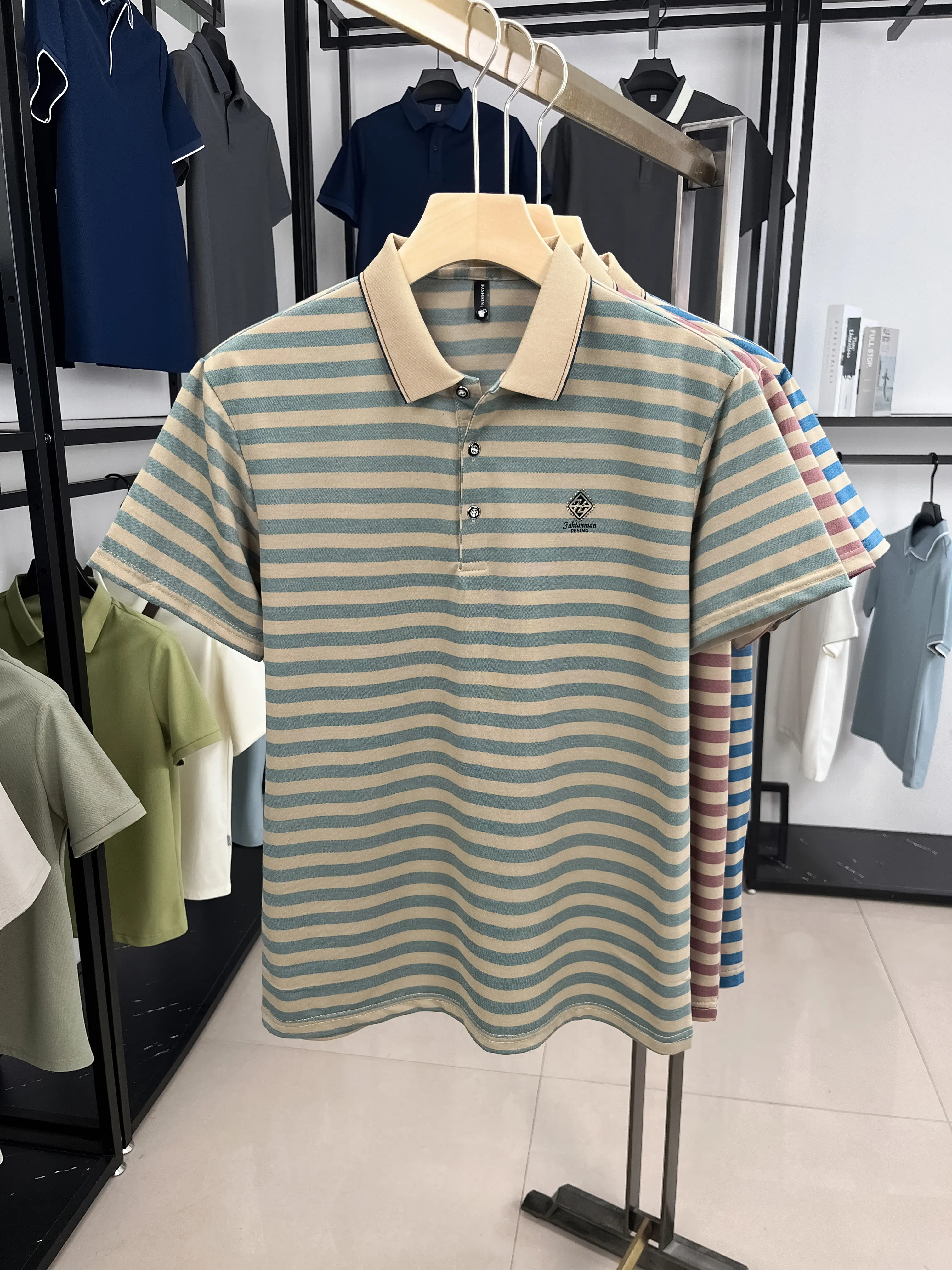 Light luxury men summer lapel short sleeve T-shirt new trendy brand polo shirt fashion stripe letters embossy casual men's wear