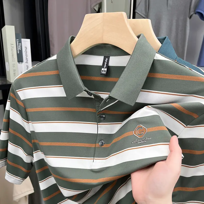 Classic stripe short sleeve men's polo shirt high-end brand letter emboss new top summer silky smooth breathable comfort T-shirt