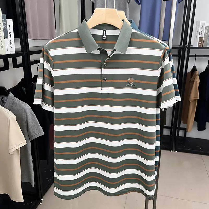 Classic stripe short sleeve men's polo shirt high-end brand letter emboss new top summer silky smooth breathable comfort T-shirt