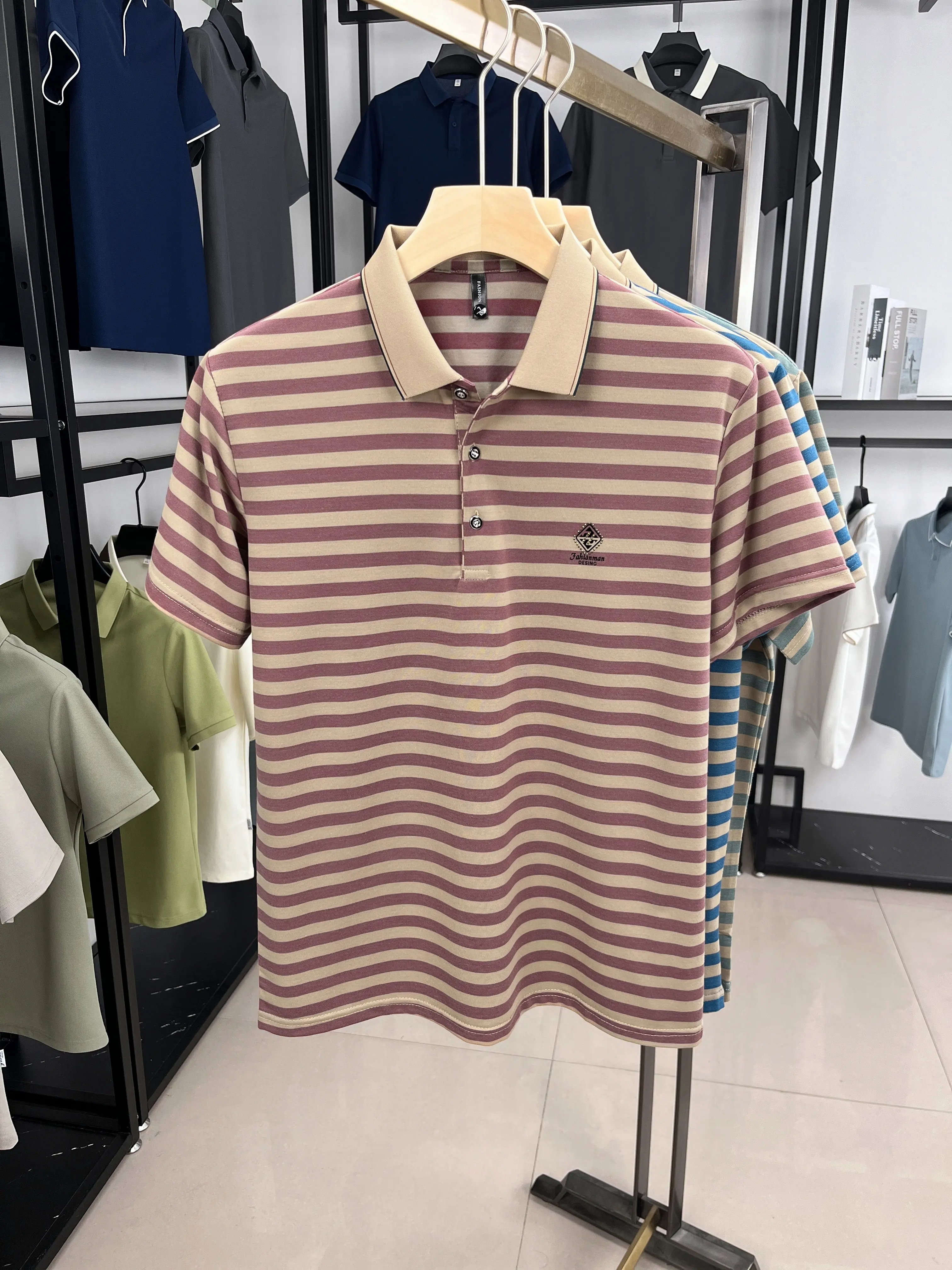 Light luxury men summer lapel short sleeve T-shirt new trendy brand polo shirt fashion stripe letters embossy casual men's wear