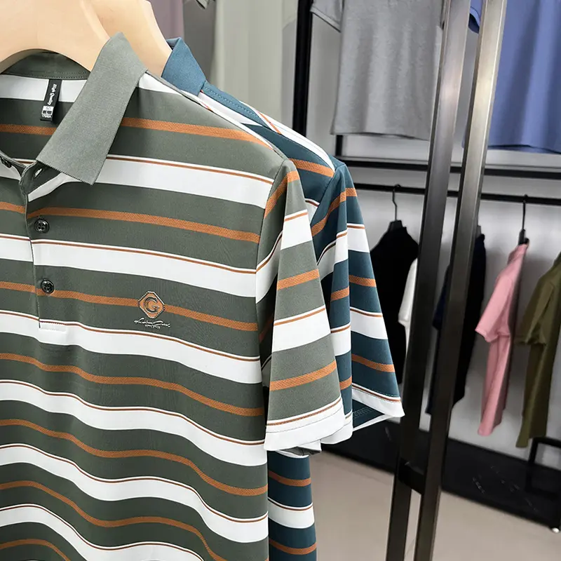 Classic stripe short sleeve men's polo shirt high-end brand letter emboss new top summer silky smooth breathable comfort T-shirt