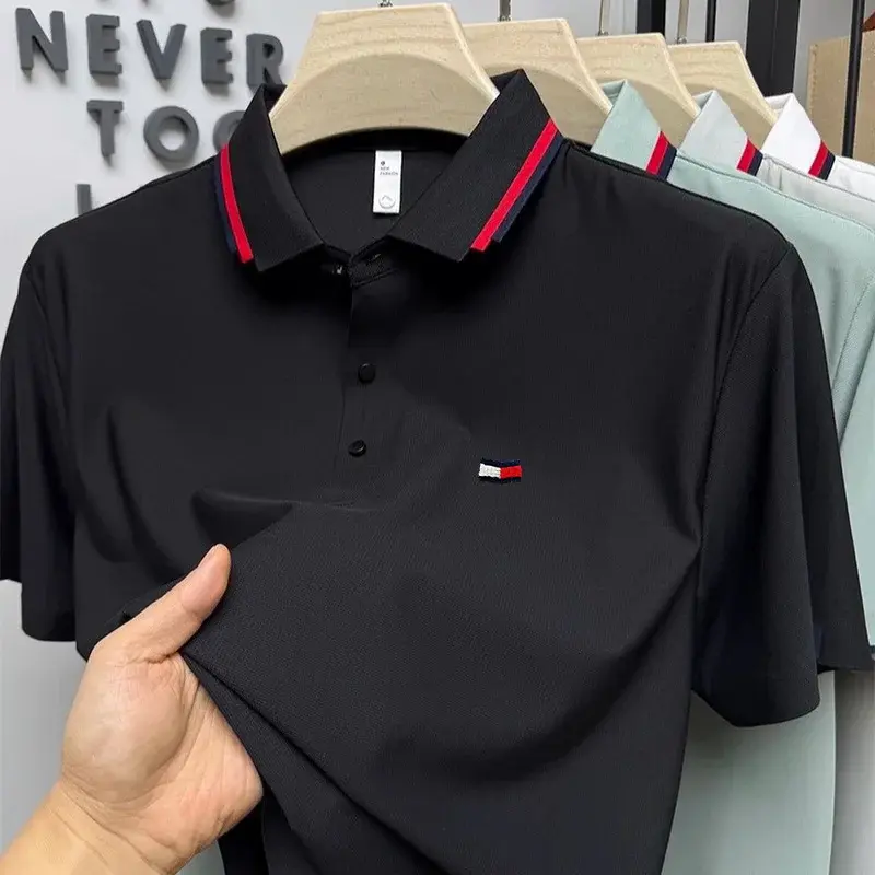 Luxury brand polo shirt embroidered short sleeved men's clothing 2025 summer new striped lapel cool breathable casual T-shirt
