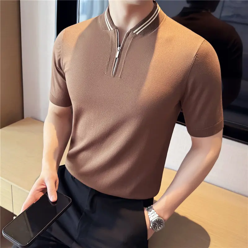 Chinese Style Striped Knitted Short Sleeved Polo Shirt Men Stand Up Collar Ice Silk Cool T-shirt Half Zip Casual Business Tshirt