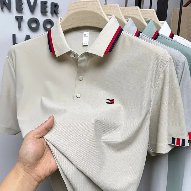 Luxury brand polo shirt embroidered short sleeved men's clothing 2025 summer new striped lapel cool breathable casual T-shirt