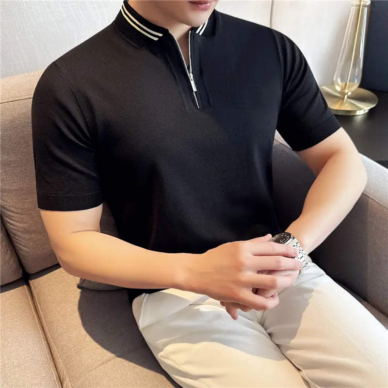 Chinese Style Striped Knitted Short Sleeved Polo Shirt Men Stand Up Collar Ice Silk Cool T-shirt Half Zip Casual Business Tshirt