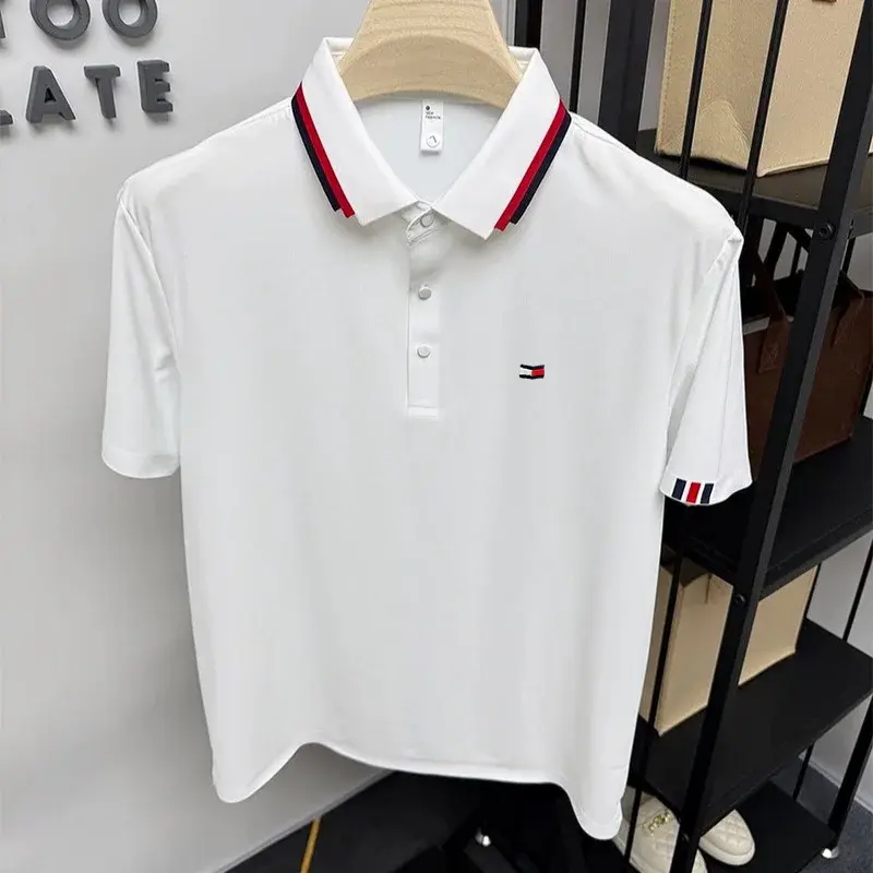 Luxury brand polo shirt embroidered short sleeved men's clothing 2025 summer new striped lapel cool breathable casual T-shirt