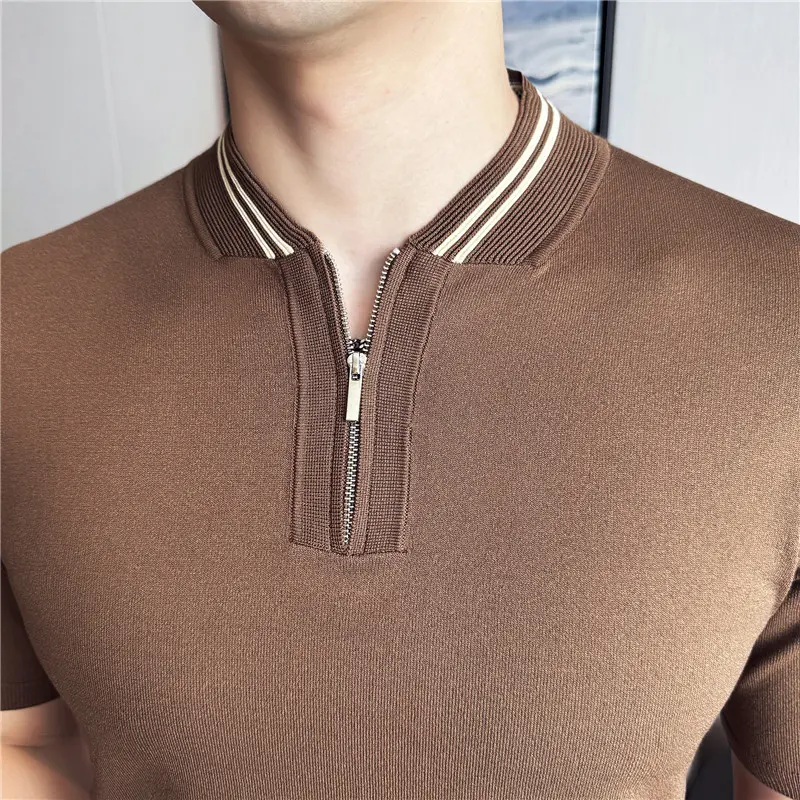 Chinese Style Striped Knitted Short Sleeved Polo Shirt Men Stand Up Collar Ice Silk Cool T-shirt Half Zip Casual Business Tshirt